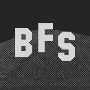 The letters "BFS" -- as a representation of the Beacon Film Society -- positioned over a halftone image of Mount Beacon, positioned to look like the Hollywood sign.